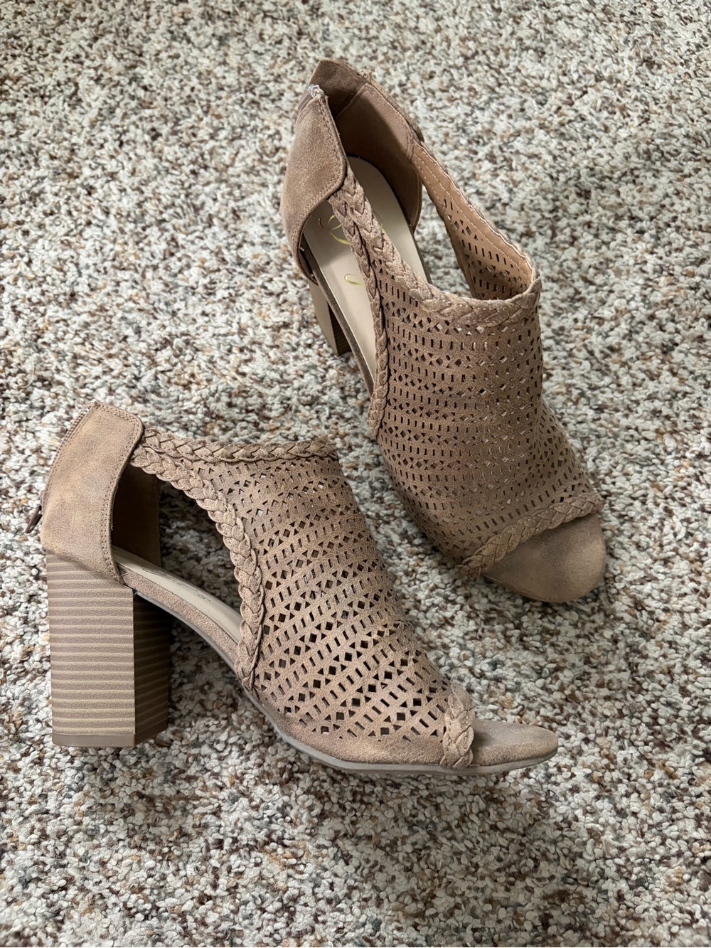 Fergie Taupe Braided Peep-Toe Block Heel Booties